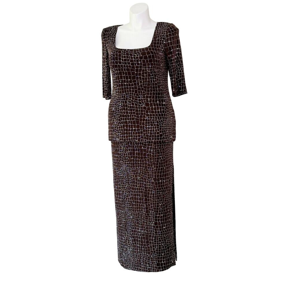 Vintage long dress Sequin textured Gown 80s women medium mature grandmacore
